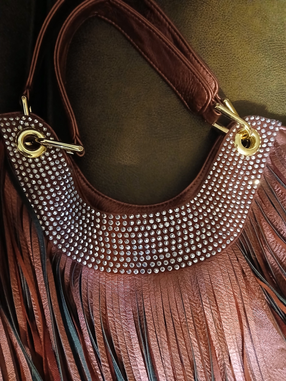 Fringed Rhinestone Accent Women’s Shoulder Bag - Rose Brown - Picture 6 of 7